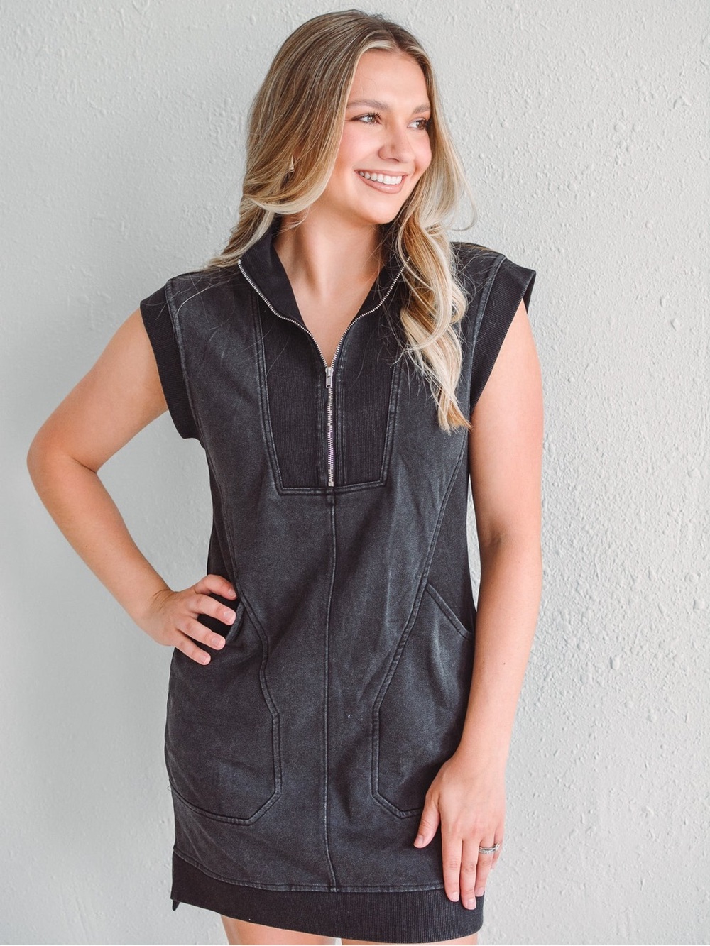 entro Washed Black Sleeveless Zip-Front Tank Dress